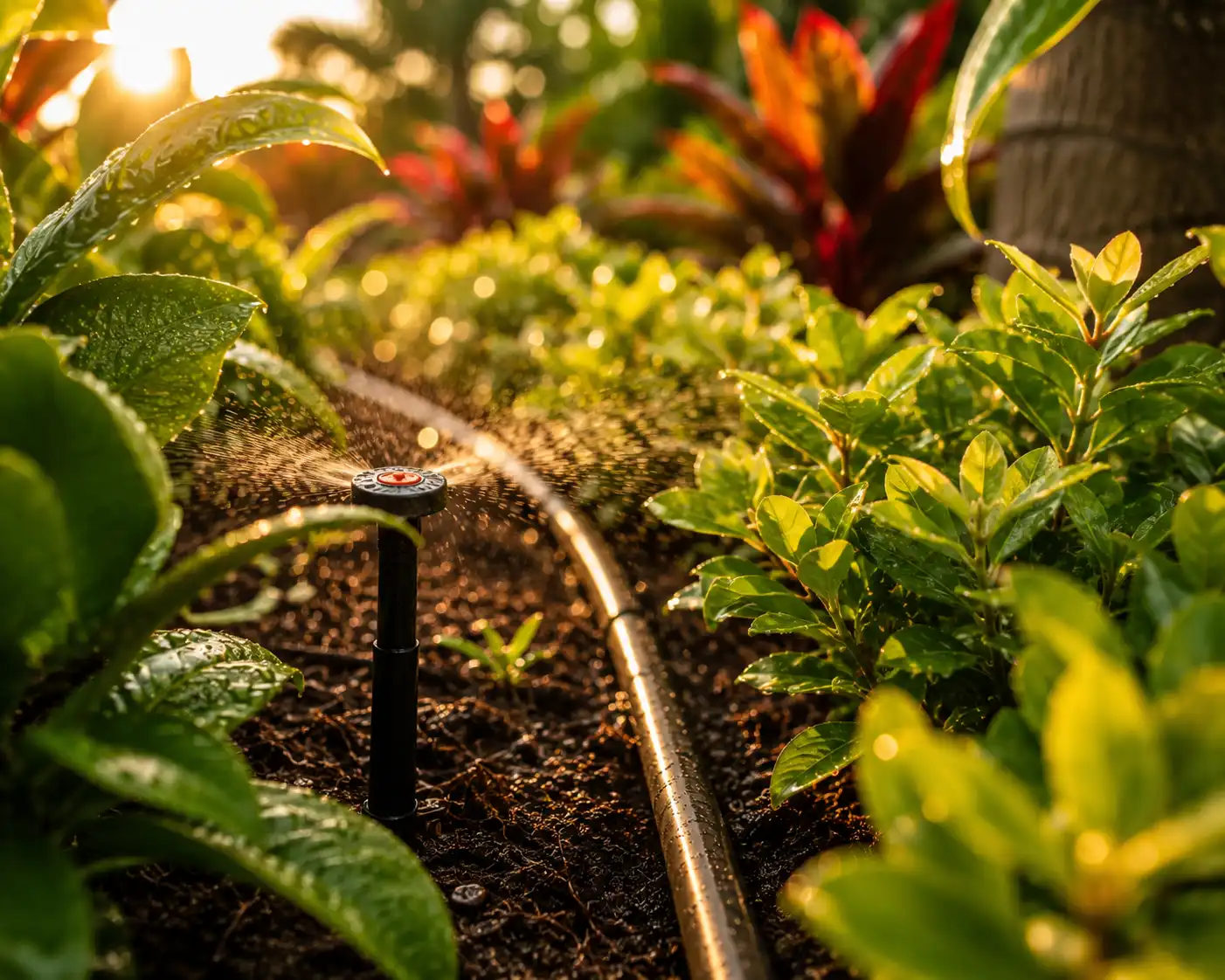 Drip irrigation line in a garden bed