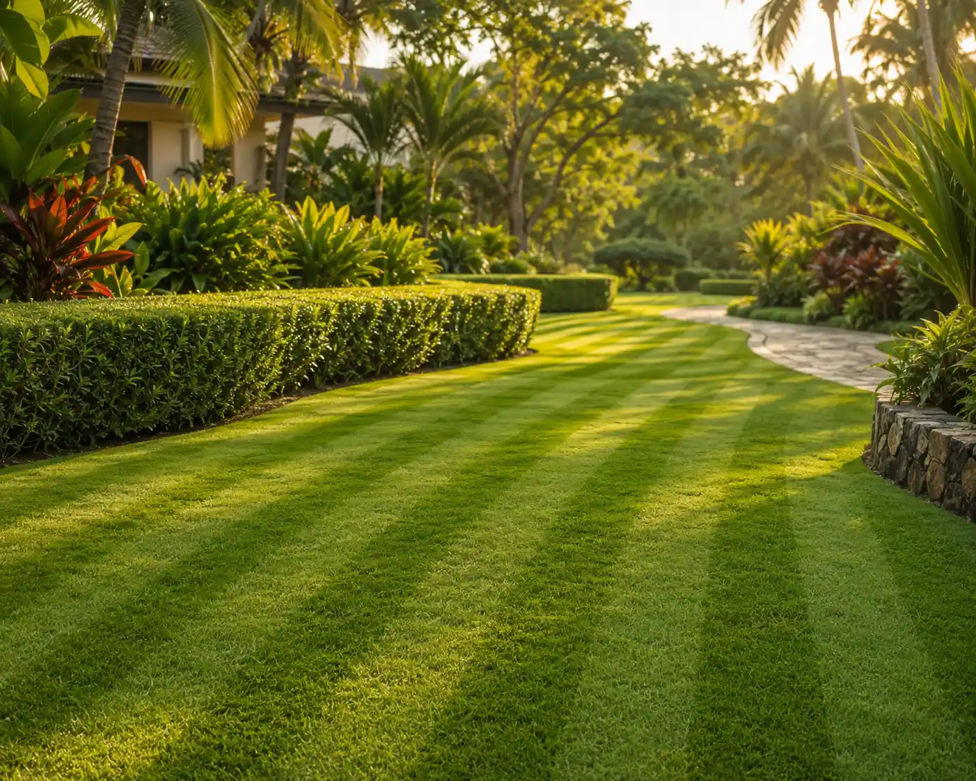 Freshly mowed lawn with trimmed hedges
