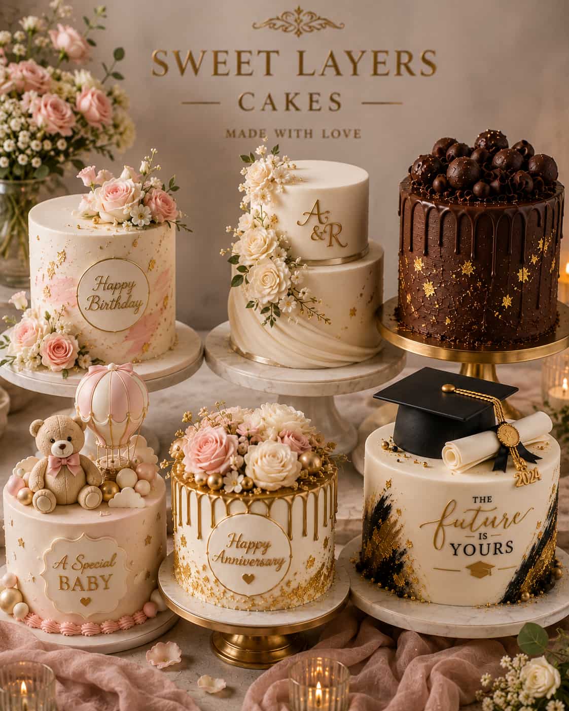 Baker decorating a celebration cake by hand in the kitchen